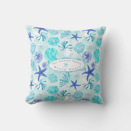 Aqua_blue_teal watercolor mixed seashell design throw pillow