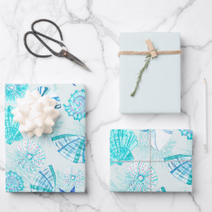 Aqua-blue-teal watercolor mixed seashell design wrapping paper sheets