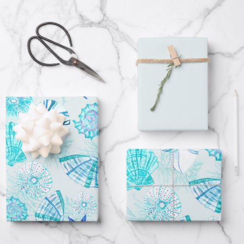 Aqua_blue_teal watercolor mixed seashell design wrapping paper sheets