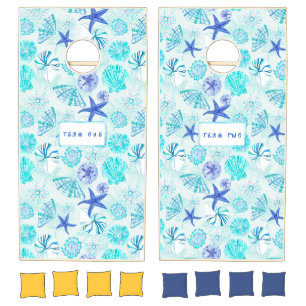 Aqua-blue-teal watercolor seashell design-w custom cornhole set