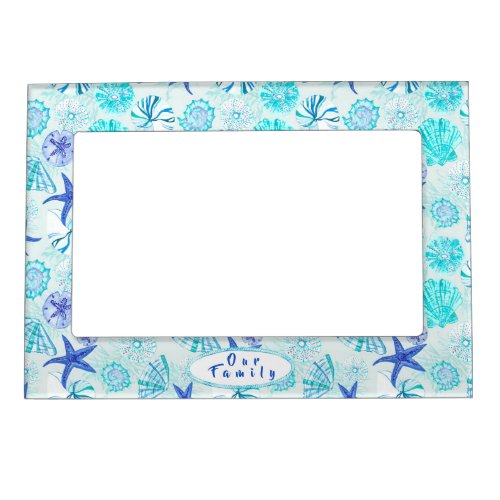 Aqua_blue_teal watercolor seashell design_w custom magnetic frame