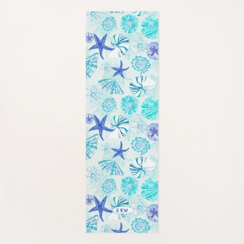 Aqua_blue_teal watercolor seashell design_w custom yoga mat