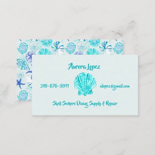 Aqua_blue_teal watercolor seashell_wcustom name business card