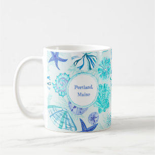 Aqua-blue-teal watercolor seashell-w/custom name coffee mug
