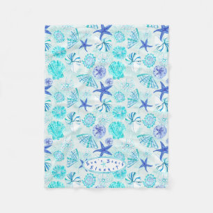 Aqua-blue-teal watercolor seashell-w/custom name fleece blanket