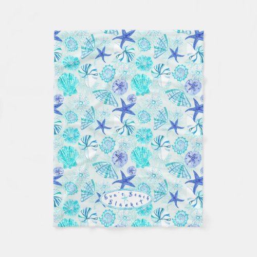 Aqua_blue_teal watercolor seashell_wcustom name fleece blanket