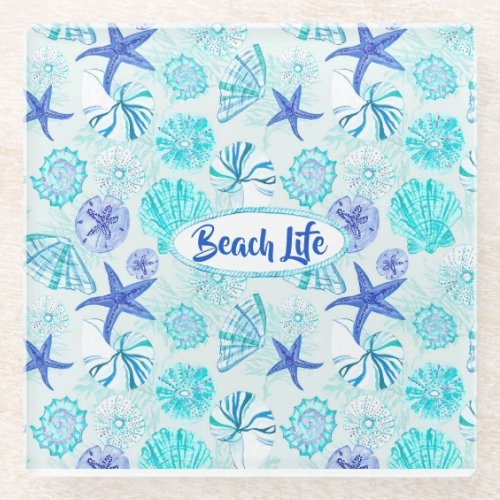 Aqua_blue_teal watercolor seashell_wcustom name glass coaster
