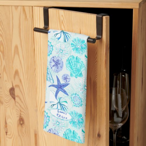 Aqua_blue_teal watercolor seashell_wcustom name kitchen towel
