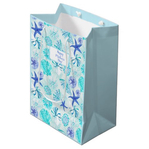 Aqua_blue_teal watercolor seashell_wcustom name medium gift bag