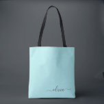 Aqua Blue Teal White Girly Script Monogram Tote Bag<br><div class="desc">Aqua Blue Teal Elegant Add Your Own Name Monogram Book Bag. This Book Bag can be customized to include your initial and first name and given as a gift for Christmas,  Sweet 16 Birthday,  Bridal Shower or a Wedding.</div>