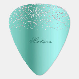 Aqua Blue Teal with Silver Glitter Monogrammed  Guitar Pick