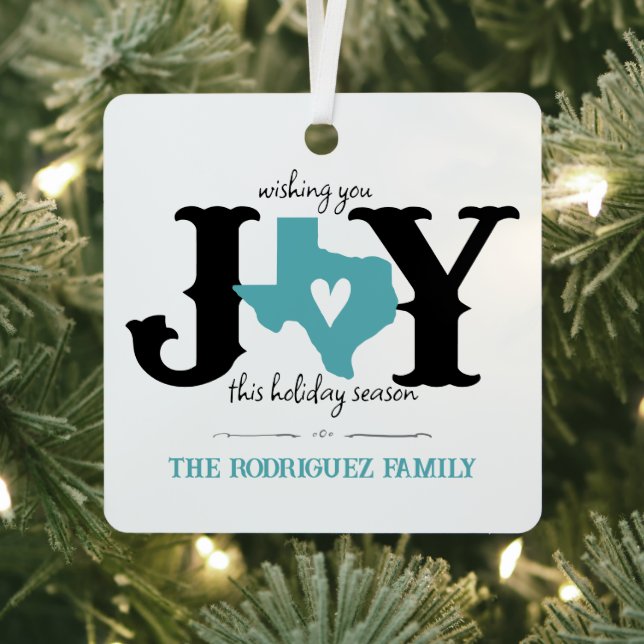 Aqua Blue Texas JOY Photo Holiday Metal Ornament (Insitu)