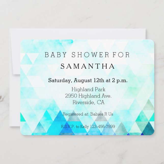 Aqua Blue Triangles Watercolor baby shower Invitation (Front)