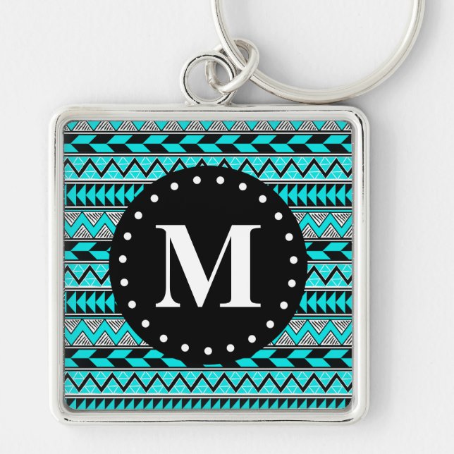 Aqua Blue Tribal Chevron Pattern Monogram Keychain (Front)