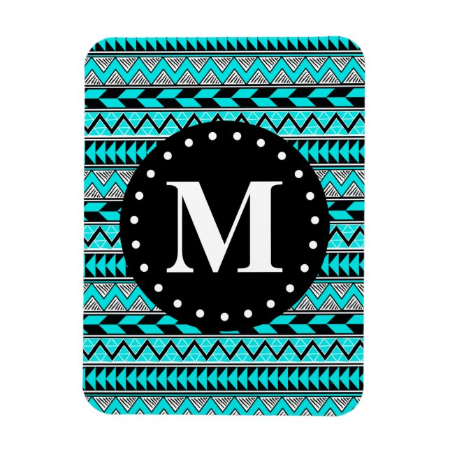 Aqua Blue Tribal Chevron Pattern Monogram Magnet (Vertical)