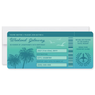 Aqua Blue Tropical Faux Boarding Pass Birthday Invitation