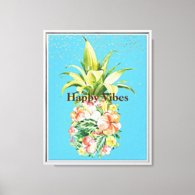 Aqua Blue Tropical Floral Pineapple Canvas Print (Front)