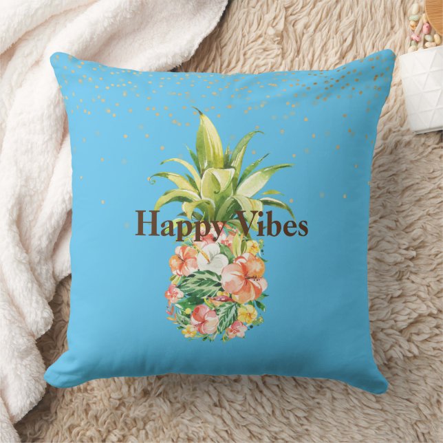Aqua Blue Tropical Floral Pineapple Throw Pillow (Blanket)