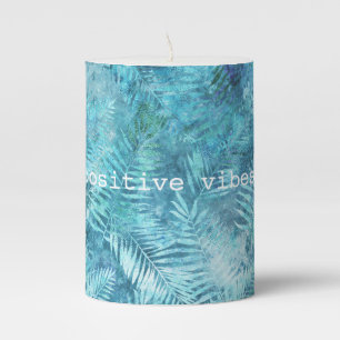 Aqua Blue Tropical Leaves Pillar Candle