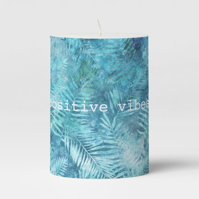Aqua Blue Tropical Leaves Pillar Candle (Front)