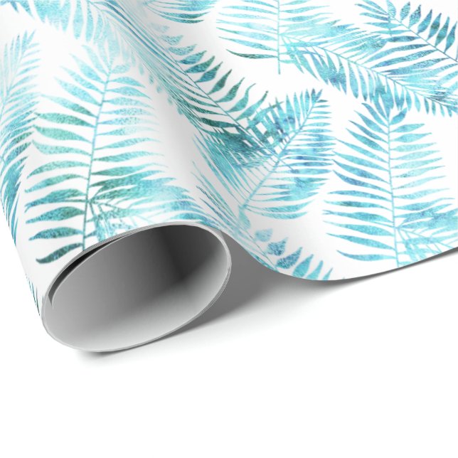 Aqua Blue Tropical Leaves          Wrapping Paper (Roll Corner)