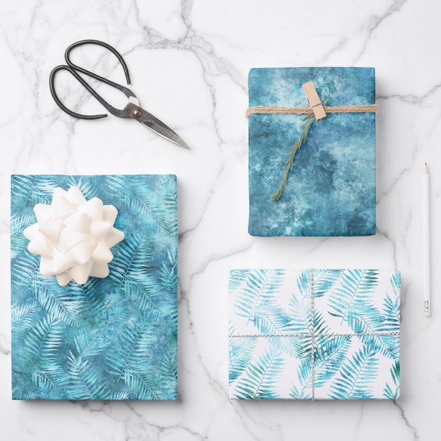 Aqua Blue Tropical Leaves           Wrapping Paper Sheets (Front)