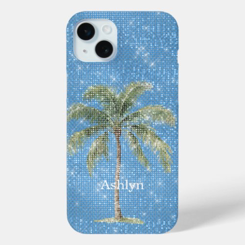 Aqua Blue Tropical Palm Tree Sparkle  iPhone 15 Plus Case