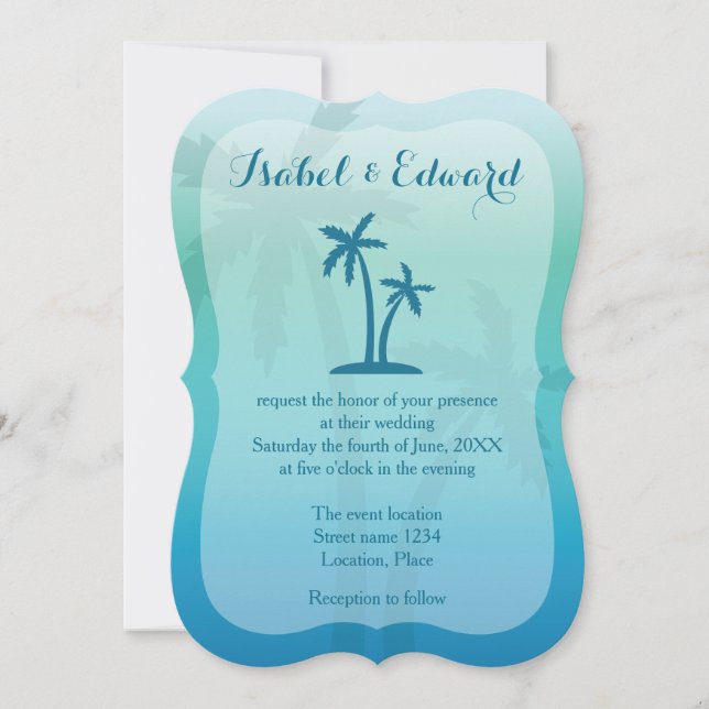 Aqua Blue Tropical Palm Tree Wedding Invitation (Front)
