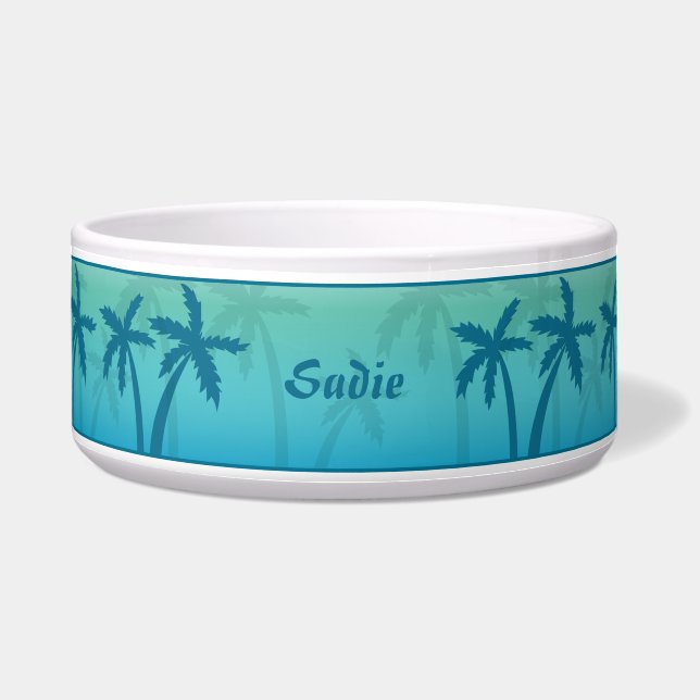 Aqua Blue Tropical Palm Trees And Custom Name Bowl (Front)