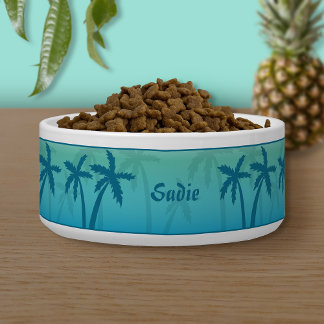 Aqua Blue Tropical Palm Trees And Custom Name Bowl