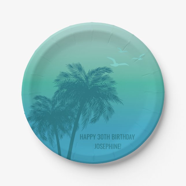 Aqua Blue Tropical Palm Trees Happy Birthday Paper Plates (Front)