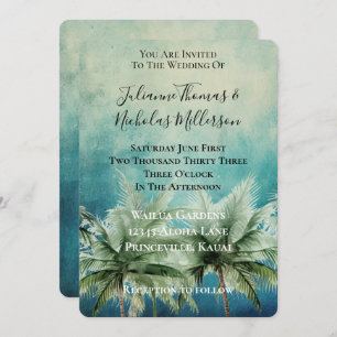 Aqua Blue Tropical Palm Trees Wedding Invitation