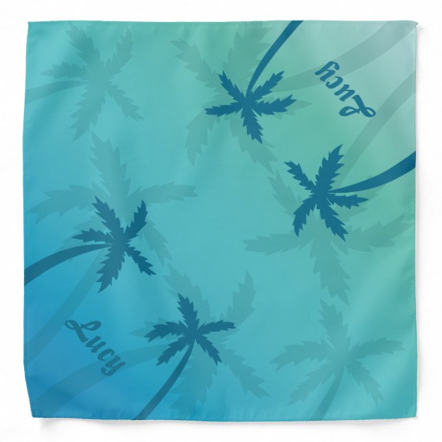 Aqua Blue Tropical Palm Trees With Custom Name Bandana (Front)