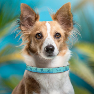 Aqua Blue Tropical Palm Trees With Custom Name Pet Collar