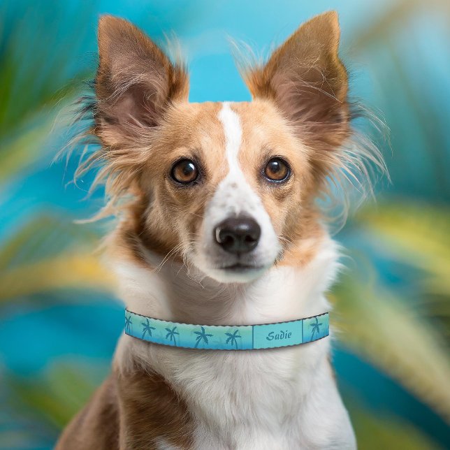 Aqua Blue Tropical Palm Trees With Custom Name Pet Collar (Please note: This image is a digital mockup. The product may not be in scale.)