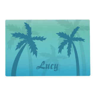 Aqua Blue Tropical Palm Trees With Custom Name Placemat