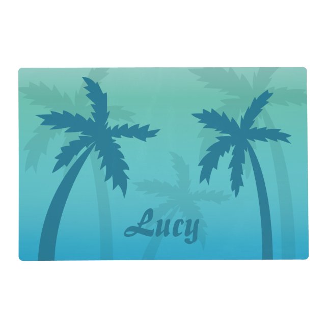 Aqua Blue Tropical Palm Trees With Custom Name Placemat (Front)