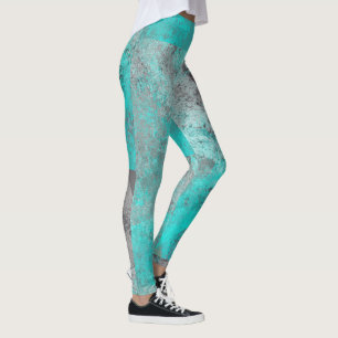 Aqua blue turquoise and gray distressed abstract leggings
