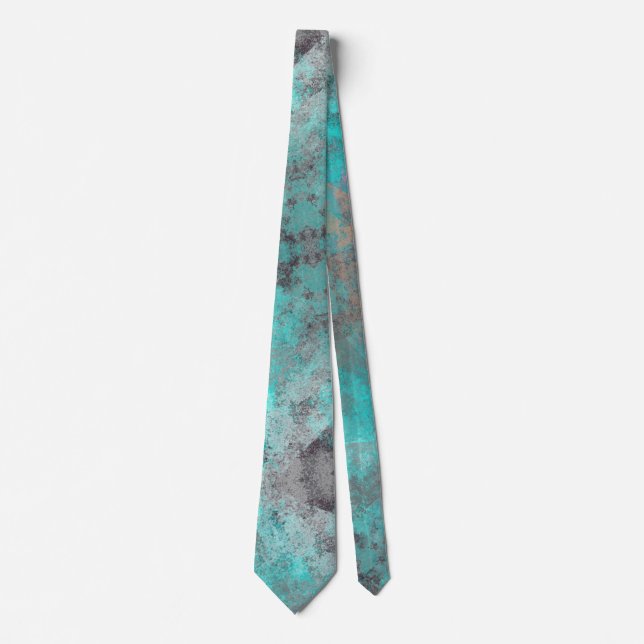 Aqua blue turquoise and gray distressed abstract neck tie (Front)