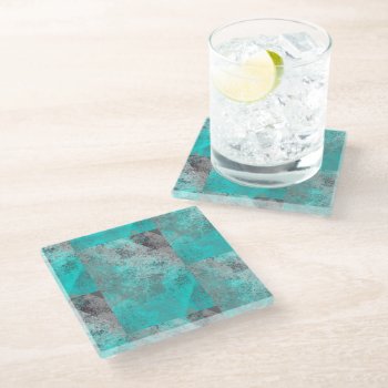 Aqua Blue Turquoise And Gray Distressed  Glass Coaster by minx267 at Zazzle