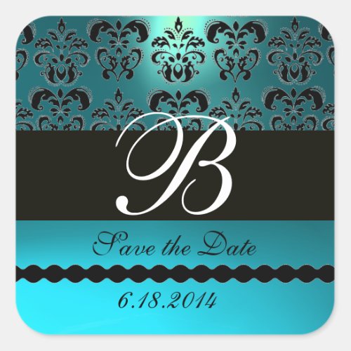 AQUA BLUE TURQUOISE AQUAMARINE DAMASK MONOGRAM SQUARE STICKER