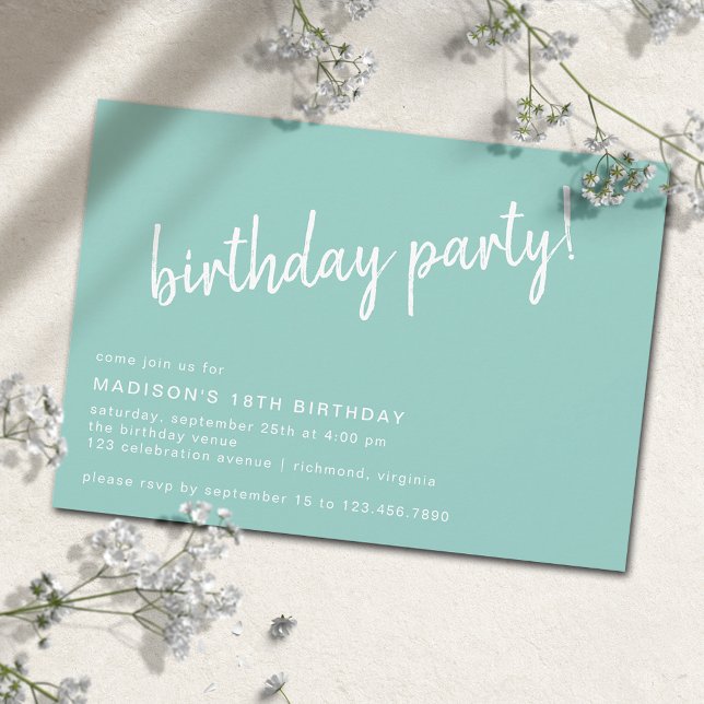 Aqua Blue Turquoise Casual Script Any Age Birthday Invitation (Creator Uploaded)