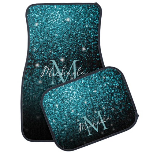 Aqua blue Turquoise faux glitter sparkles Monogram Car Floor Mat