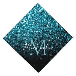 Aqua blue Turquoise faux glitter sparkles Monogram Graduation Cap Topper