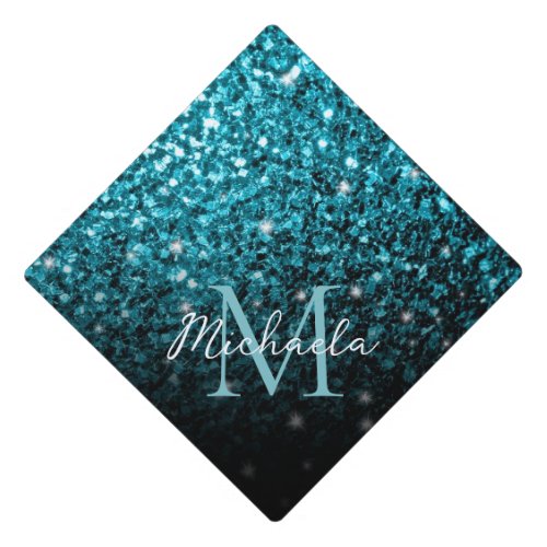 Aqua blue Turquoise faux glitter sparkles Monogram Graduation Cap Topper