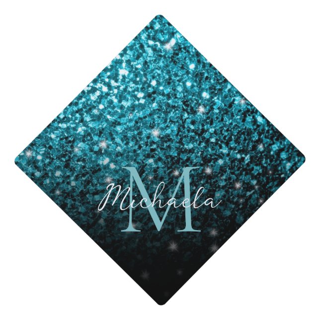 Aqua blue Turquoise faux glitter sparkles Monogram Graduation Cap Topper (Front)