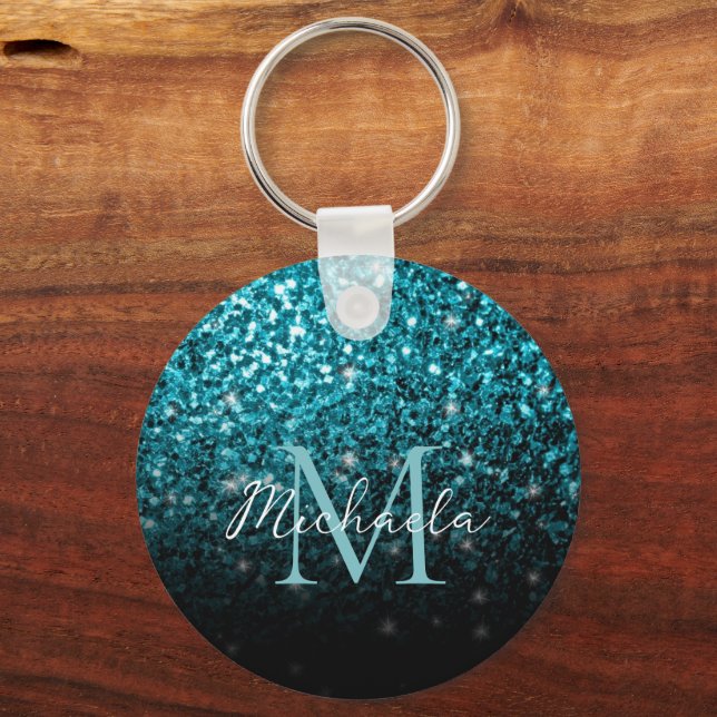 Aqua blue Turquoise faux glitter sparkles Monogram Keychain (Front)