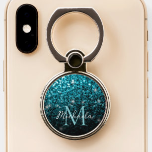 Aqua blue Turquoise faux glitter sparkles Monogram Phone Ring Stand
