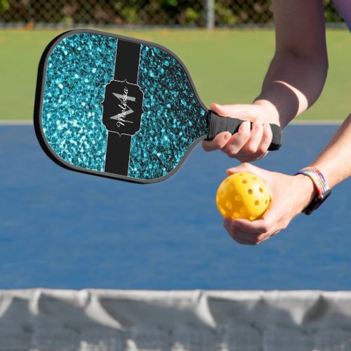 Aqua blue Turquoise faux glitter sparkles Monogram Pickleball Paddle