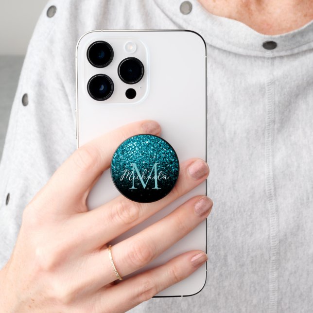 Aqua blue Turquoise faux glitter sparkles Monogram PopSocket (Hand)